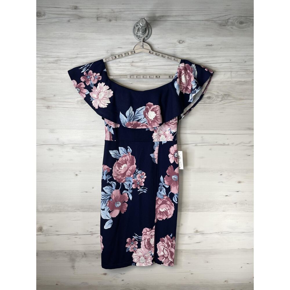 PremierAmour Dress Womens 12 Navy Floral Off Shoulder Ruffle Sheath Party Fitted
